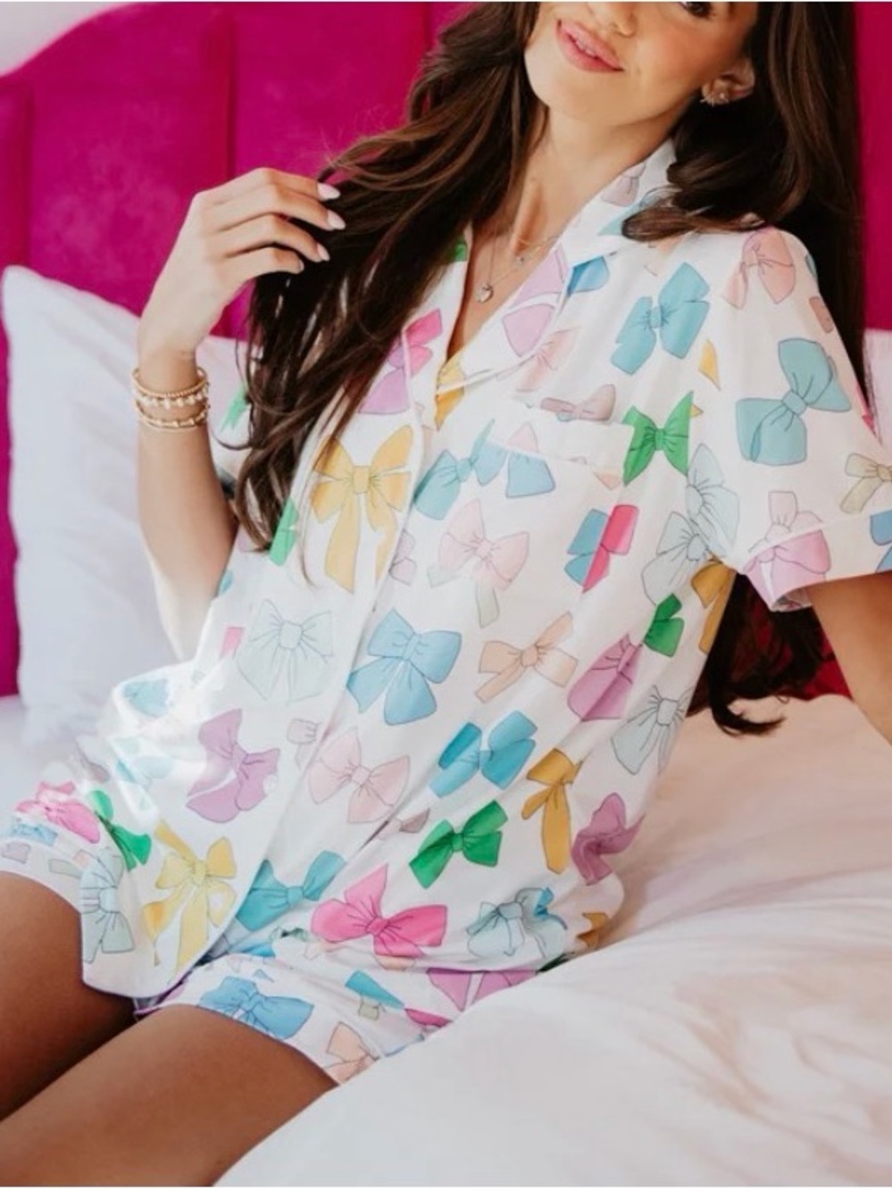 Katydid White Short Pajama Set Multicolor Bow Print Women Medium PJ 2 Piece